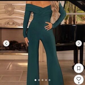 Club L London Chic Off-Shoulder Teal Jumpsuit